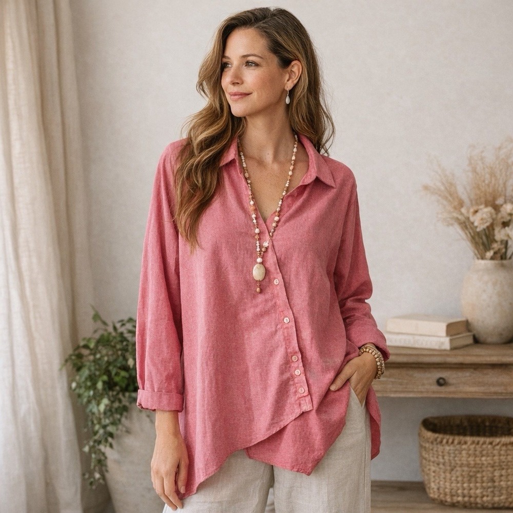 Asymmetric Top Shirt 2XL Casual Ethnic Retro Laganlook ‎ Art To Wear Pink